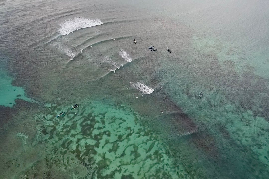 A clean line peeling over the reef, seen from above